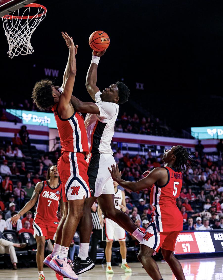 Georgia center Russel Tchewa during Georgia’s game against Ole Miss at Stegeman Coliseum in Athens, Ga., on Tuesday, Mar. 5, 2024. (Cassie Baker/UGAAA)